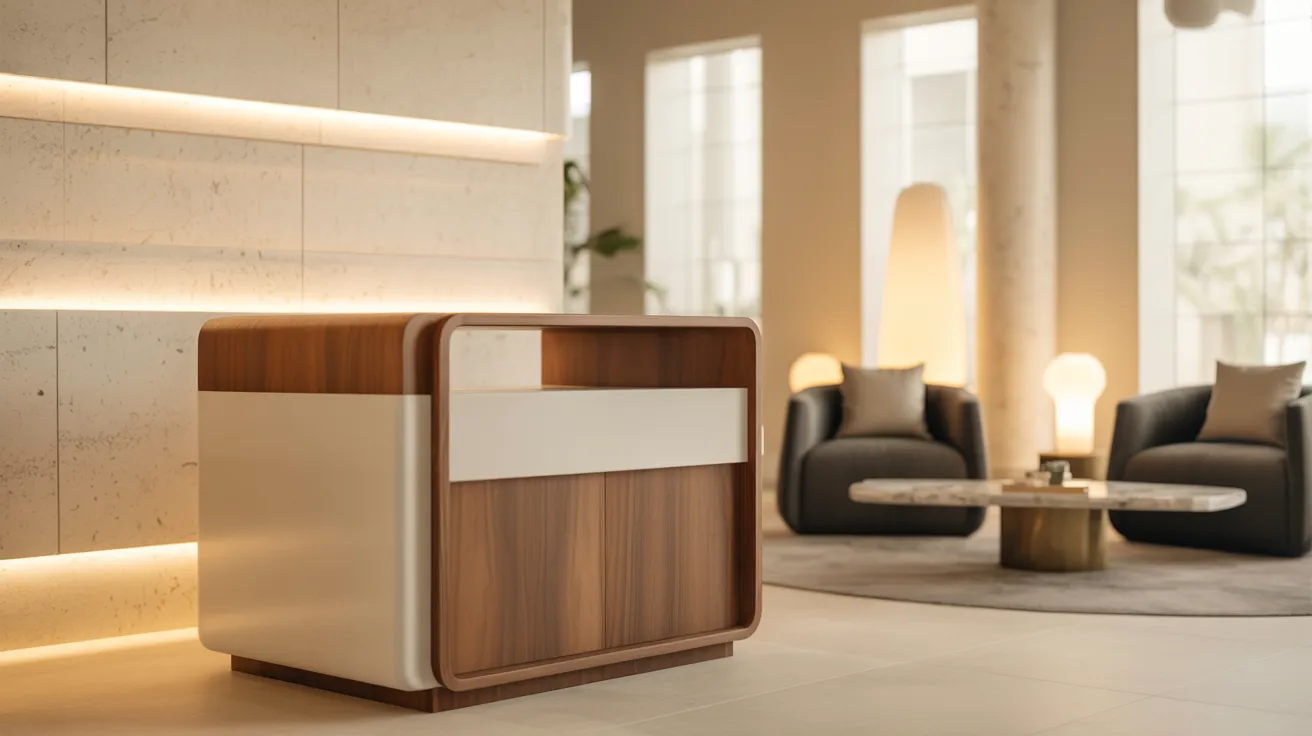 A sleek reception area featuring a wooden cabinet and modern furnishings, creating a welcoming atmosphere.