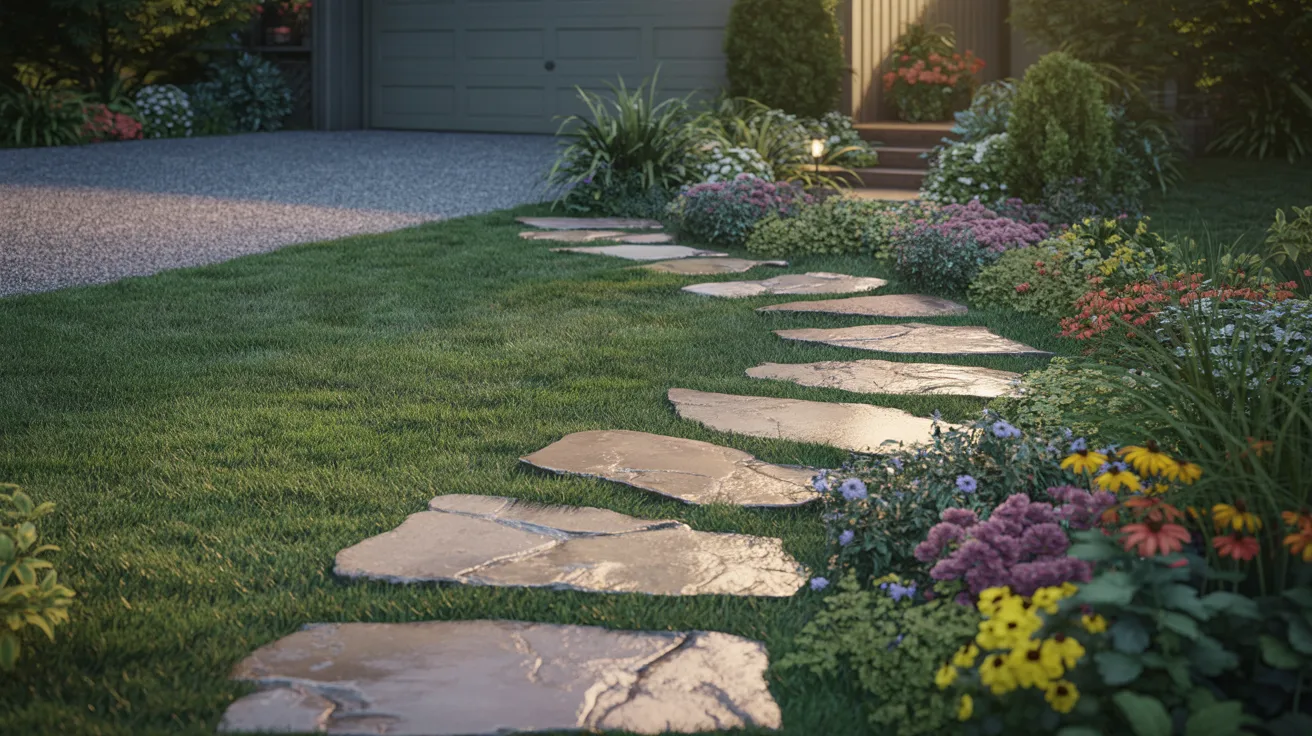 A stone pathway meanders through a garden filled with colorful flowers and lush green grass.