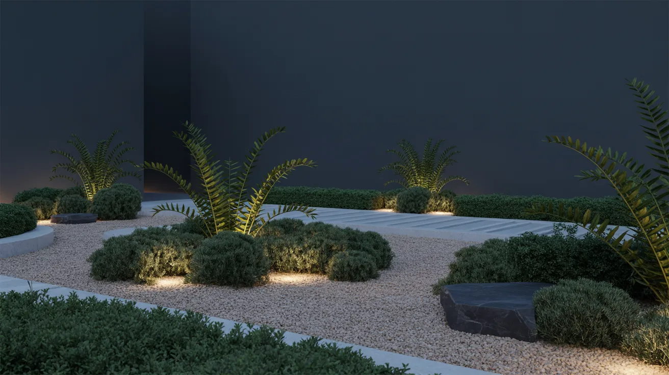 A nighttime garden filled with various plants illuminated by soft, twinkling lights.