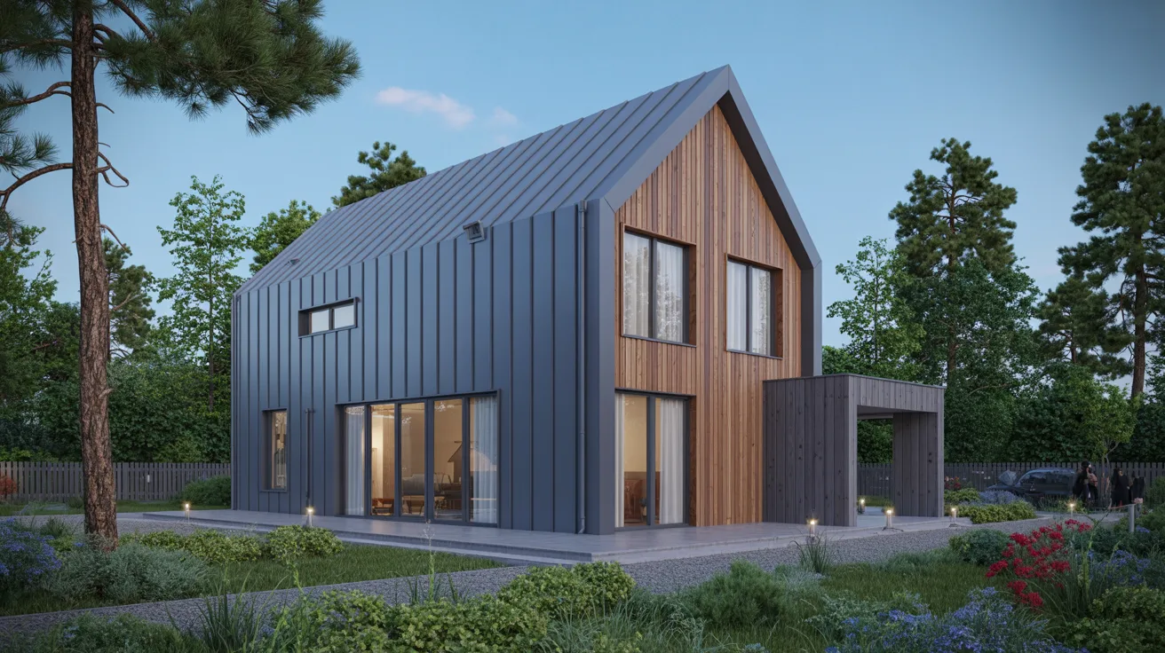 A contemporary house featuring sleek wooden siding and large windows, set against a clear blue sky.