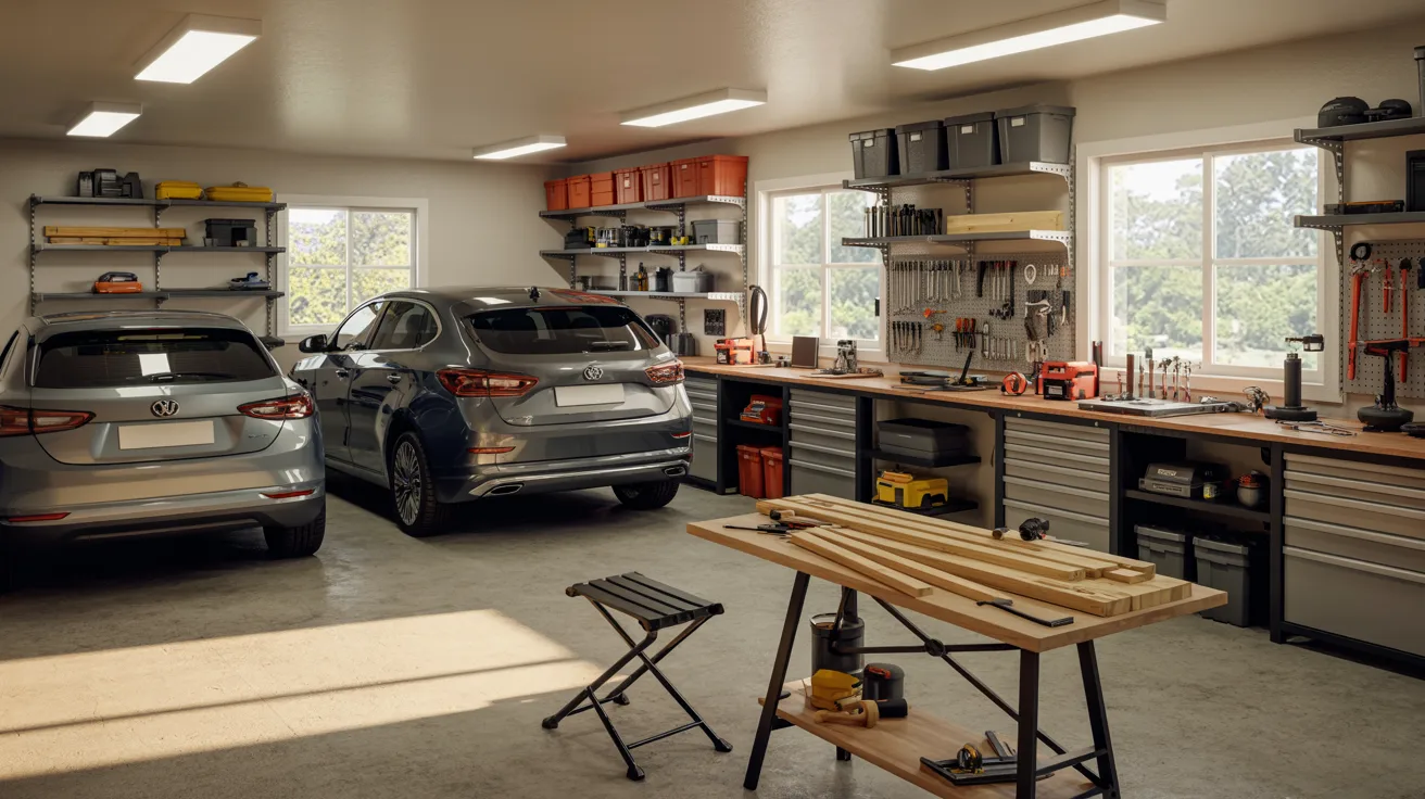 A garage interior featuring a parked car and various tools organized on shelves.