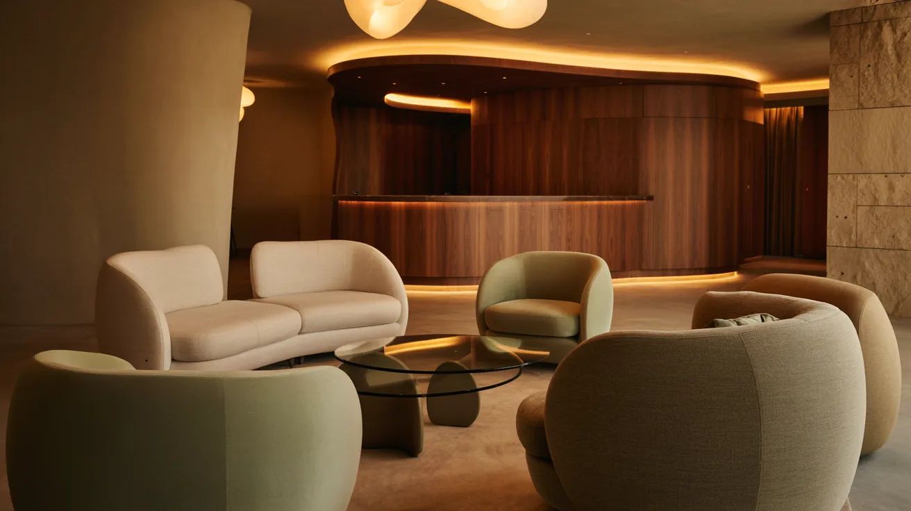 A modern lobby featuring a round table surrounded by stylish chairs, creating a welcoming atmosphere for guests.