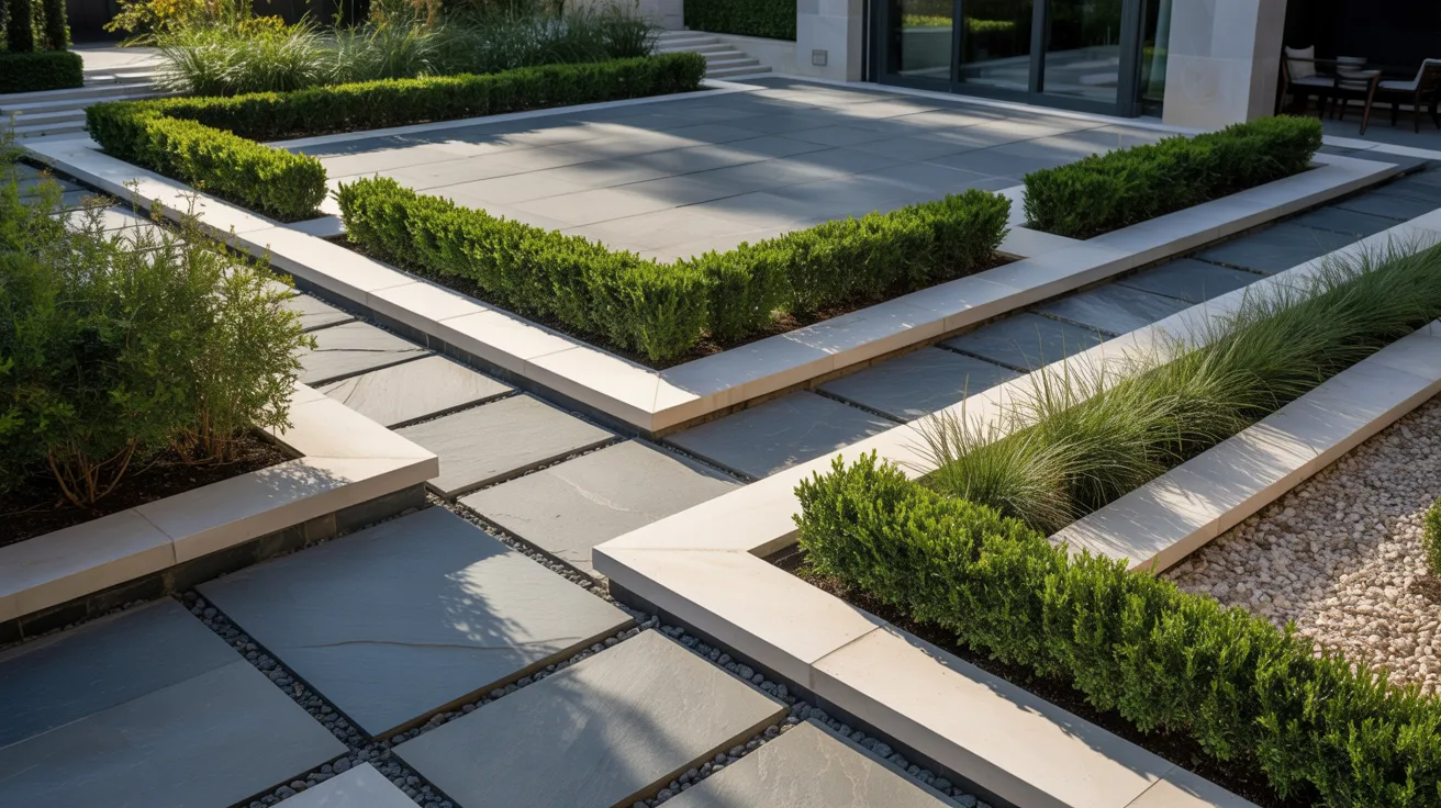 A modern garden featuring a stone path winding through lush shrubs and greenery.