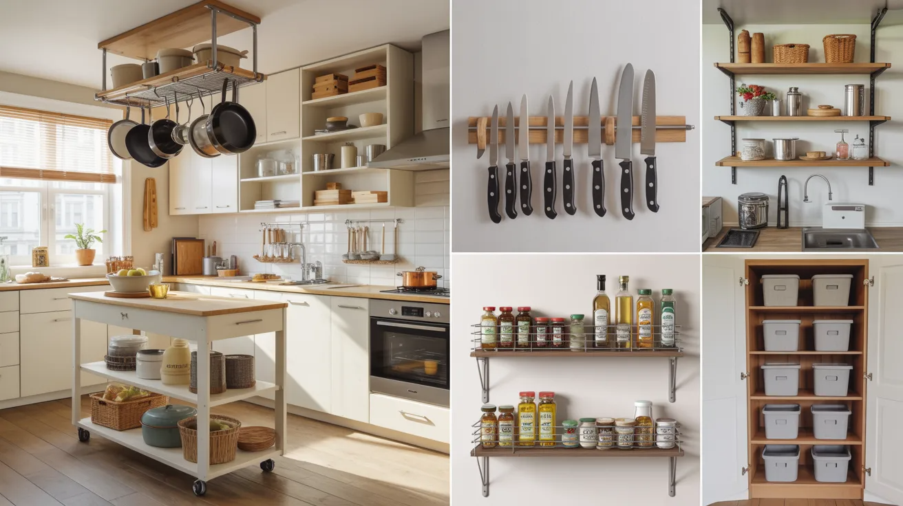 A collage showcasing kitchen shelves filled with various pots and pans in an organized arrangement.