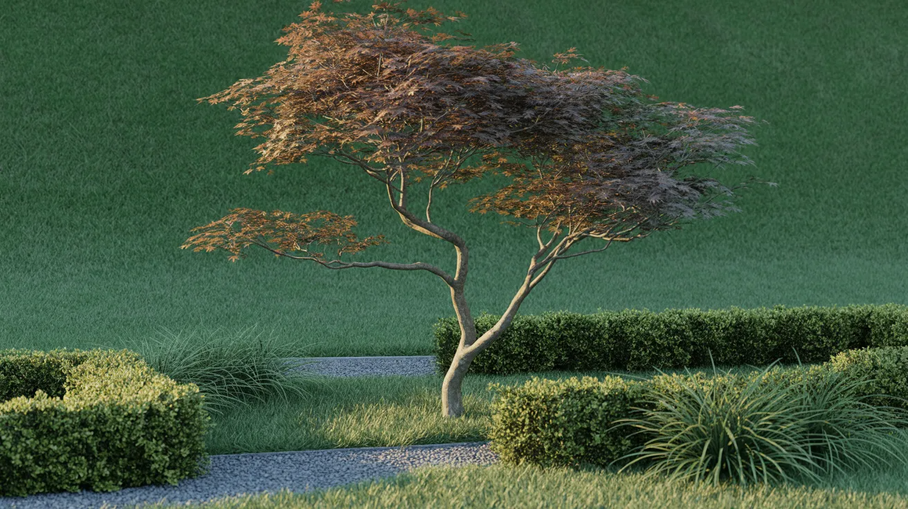 A tree stands in a garden, surrounded by a path and lush shrubs, creating a serene outdoor space.