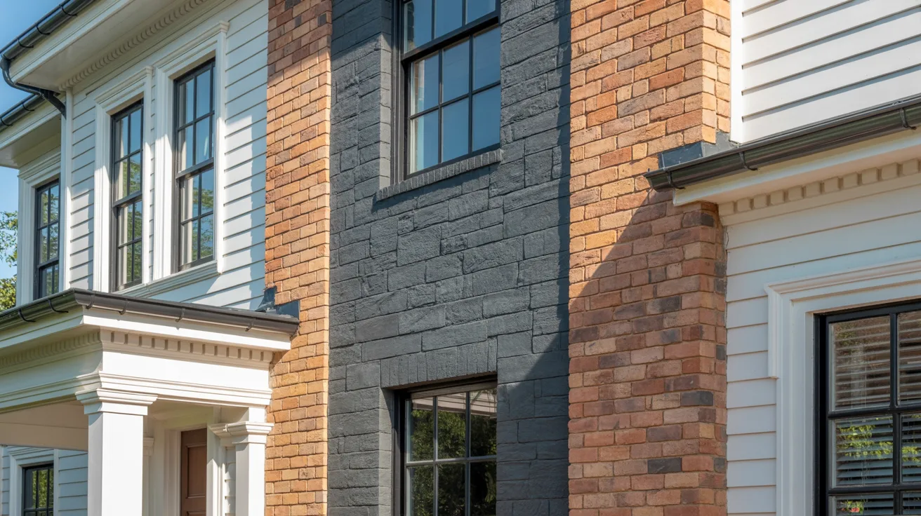 A brick house featuring a classic white trim around windows and doors.