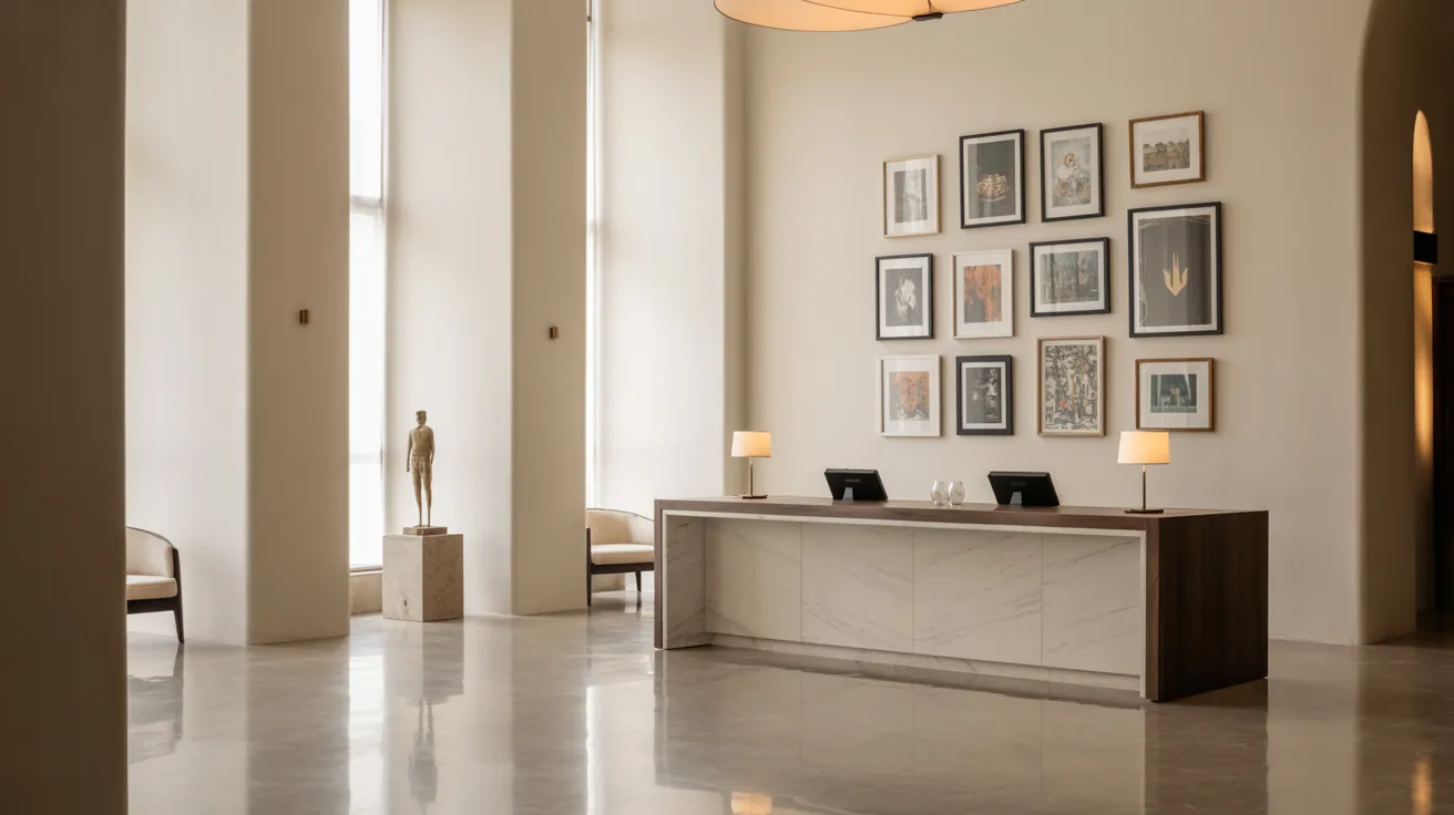 Hotel lobby featuring a reception desk, with modern decor and seating areas for guests.