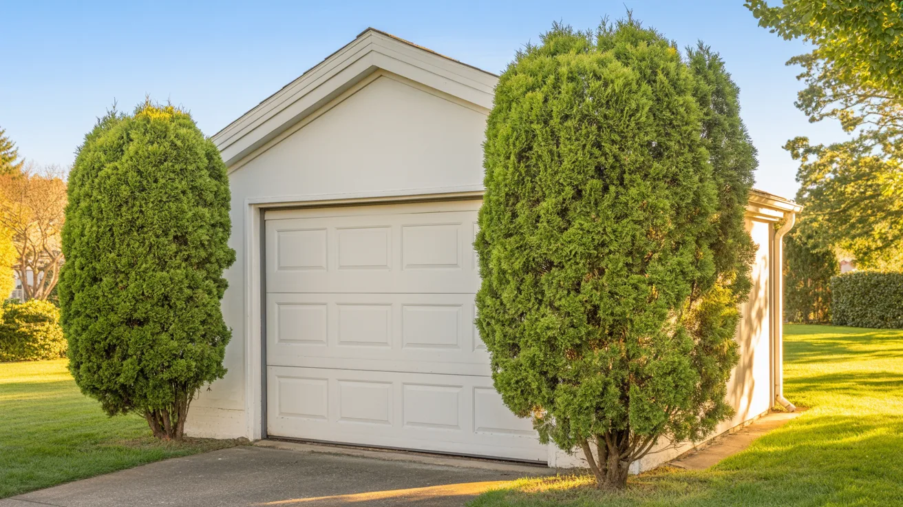 A garage with two trees standing in front, creating a natural frame around the structure.
