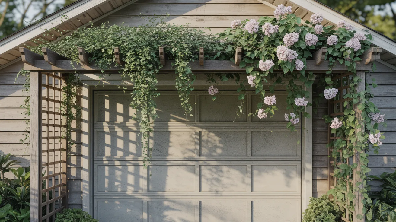 A garage door adorned with vibrant flowers and lush plants, creating a colorful and inviting outdoor scene.