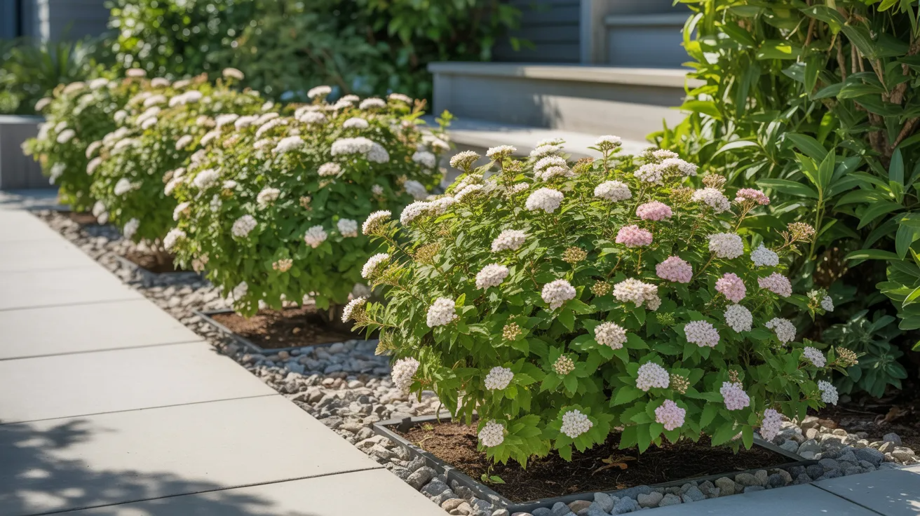 A vibrant garden filled with colorful flowers and shrubs, situated in front of a charming house.