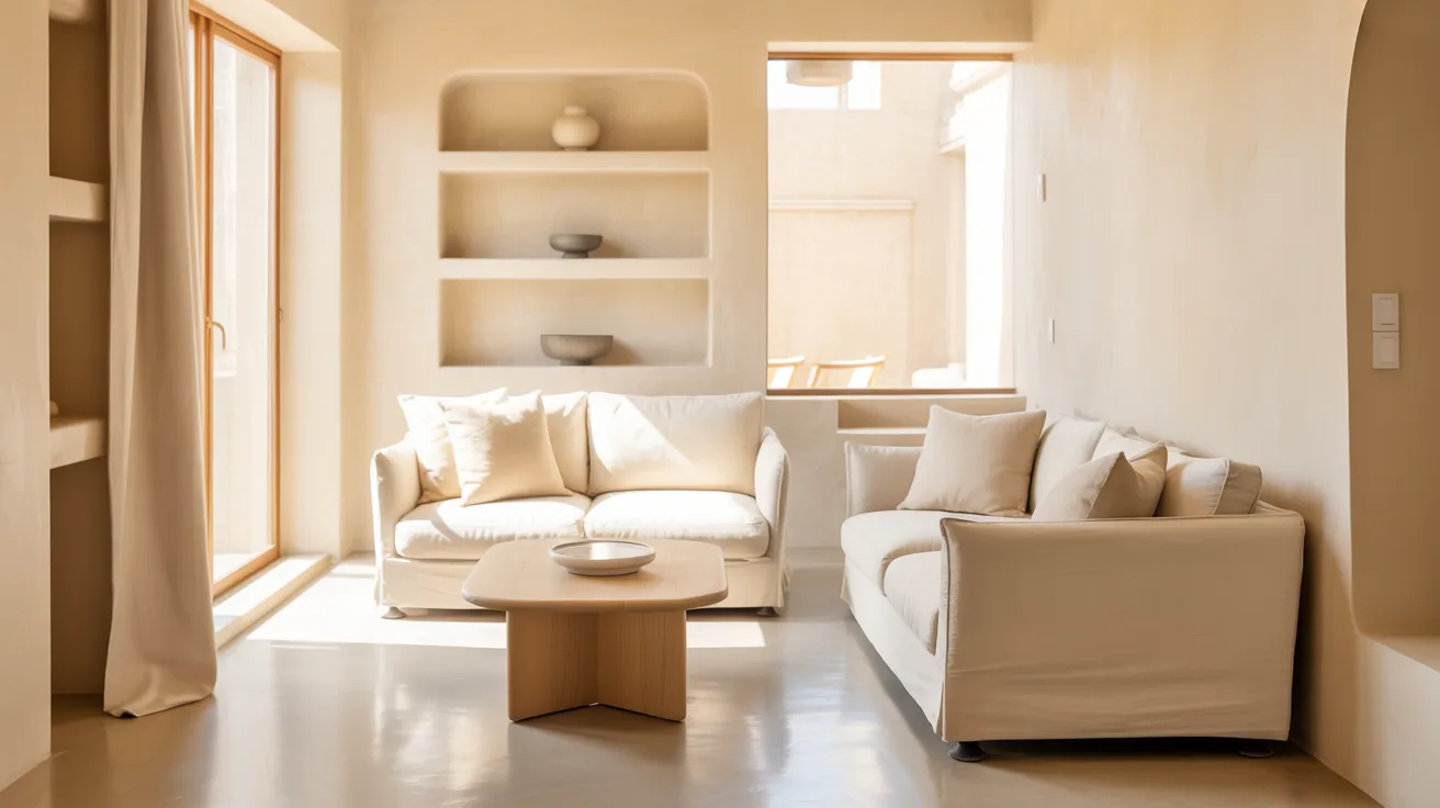 A bright living room featuring white furniture and a large window allowing natural light to fill the space.