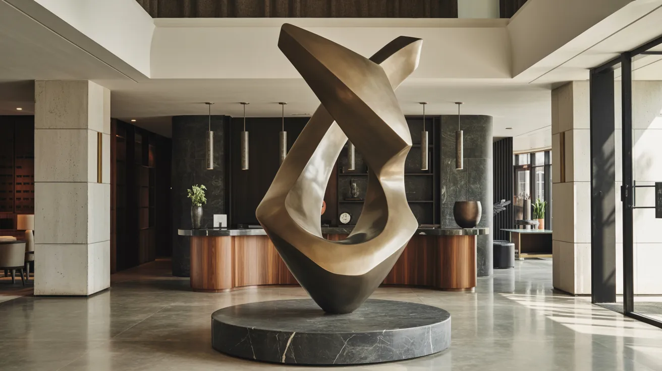 Hotel lobby bustling with guests walking, modern decor, and a welcoming atmosphere.