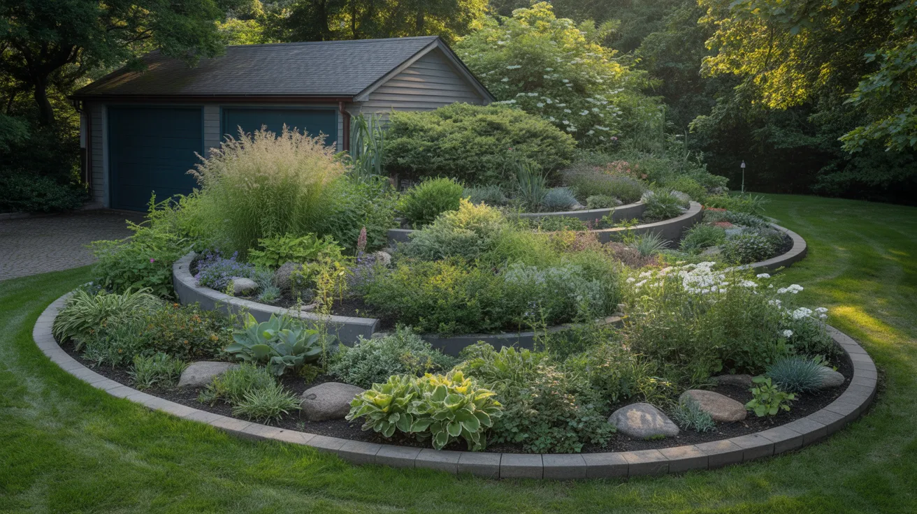 A circular garden design featuring vibrant plants and a small shed in the background.
