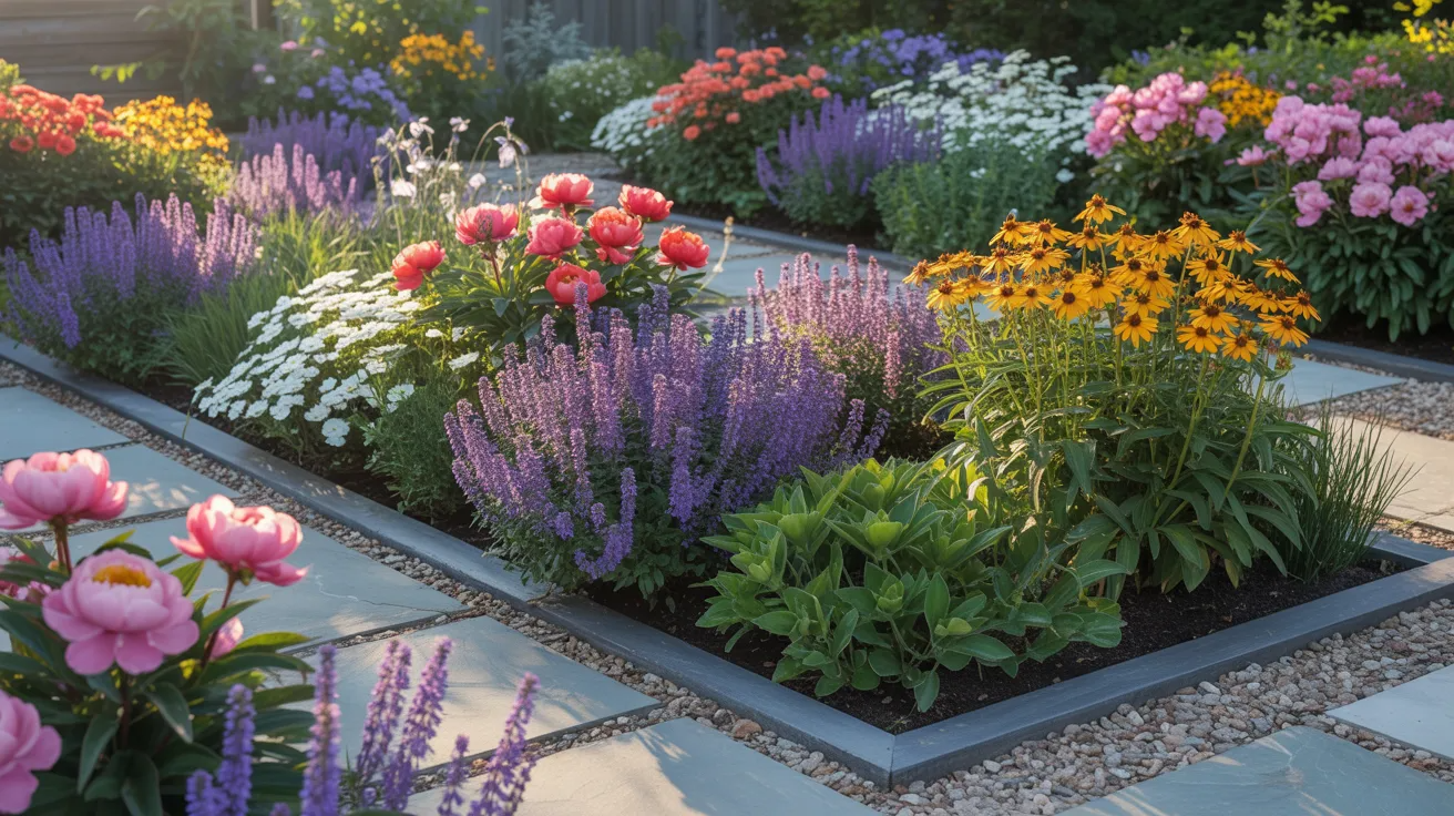 A vibrant garden filled with a variety of colorful flowers and lush green plants under bright sunlight.