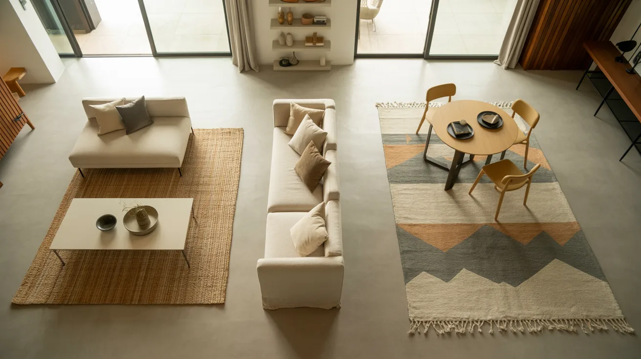 A cozy living room featuring a table, chairs, and a decorative rug on the floor.