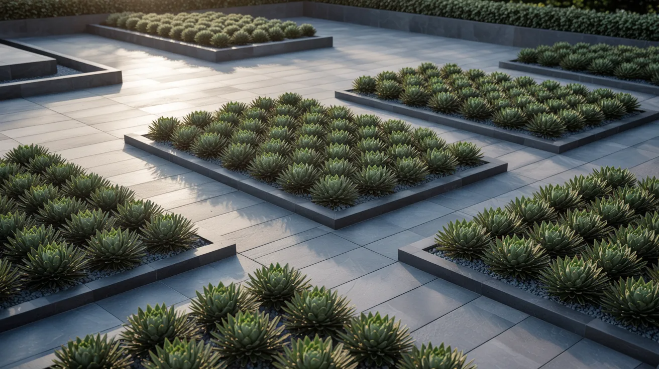 A vibrant garden featuring various plants arranged in square planters, showcasing a lush and organized landscape.
