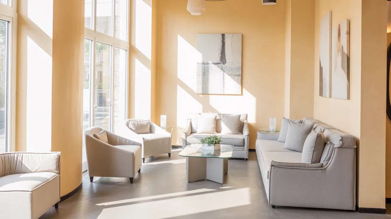 A spacious room filled with various furniture pieces and a large window allowing natural light to enter.