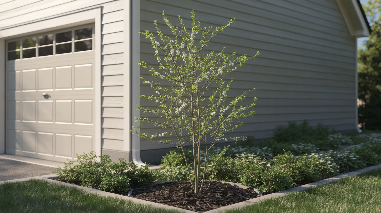 A small tree stands in front of a garage, adding greenery to the otherwise utilitarian setting.