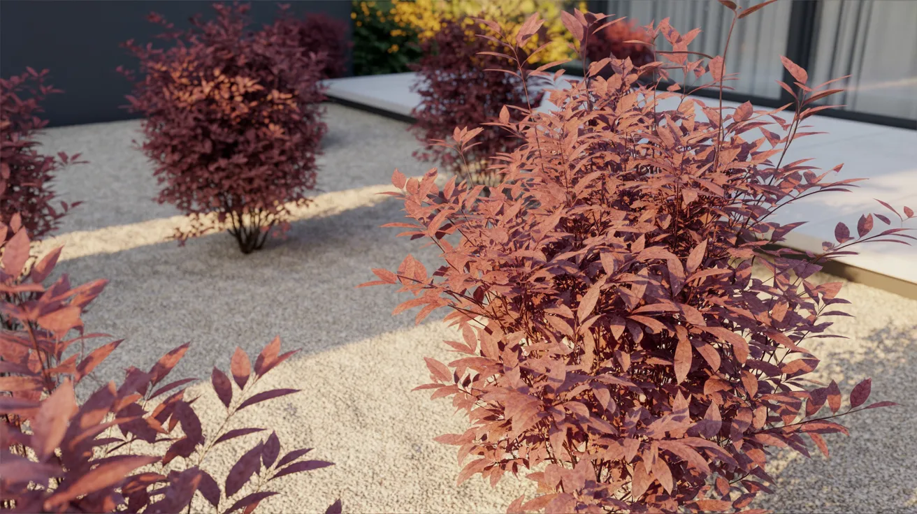 A garden featuring vibrant red plants centrally located in a well-maintained yard.
