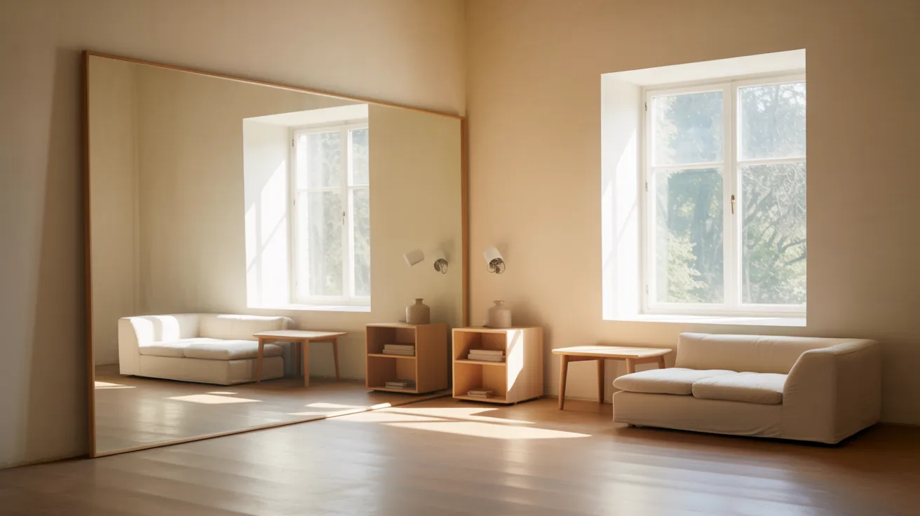 A spacious room featuring a large mirror and a comfortable couch, creating an inviting atmosphere.