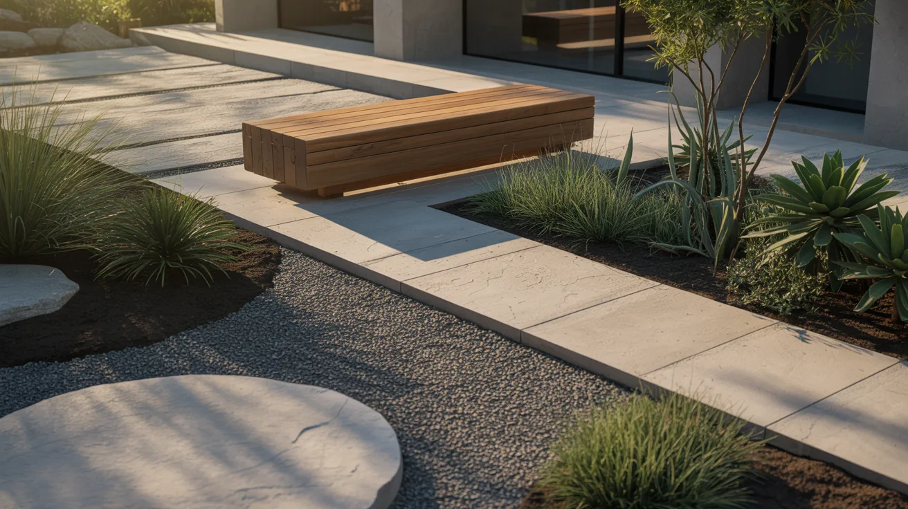 A modern garden featuring a wooden bench surrounded by various lush plants and greenery.