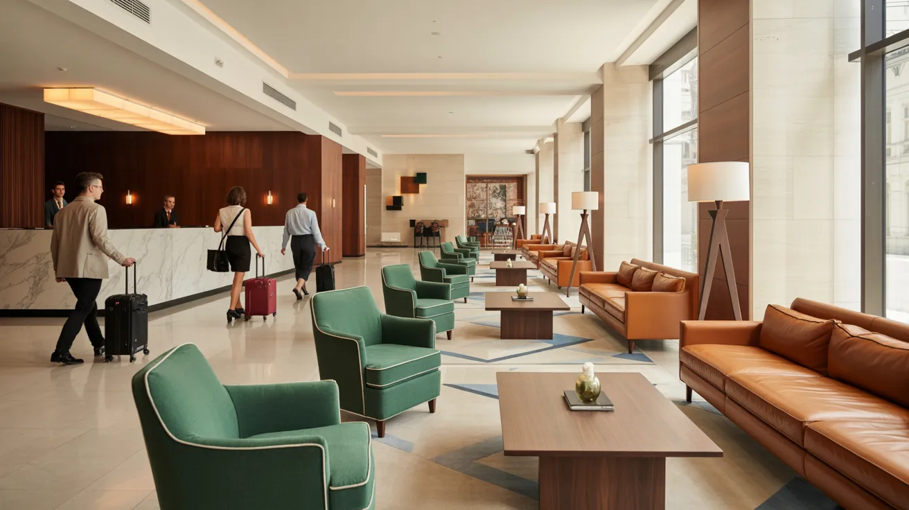 Hotel lobby bustling with guests walking, modern decor, and a welcoming atmosphere.
