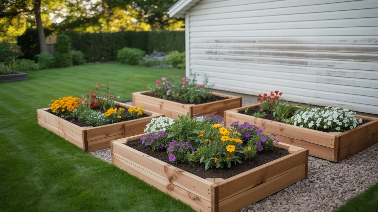 Four raised garden beds filled with colorful flowers, showcasing a vibrant and flourishing garden scene.