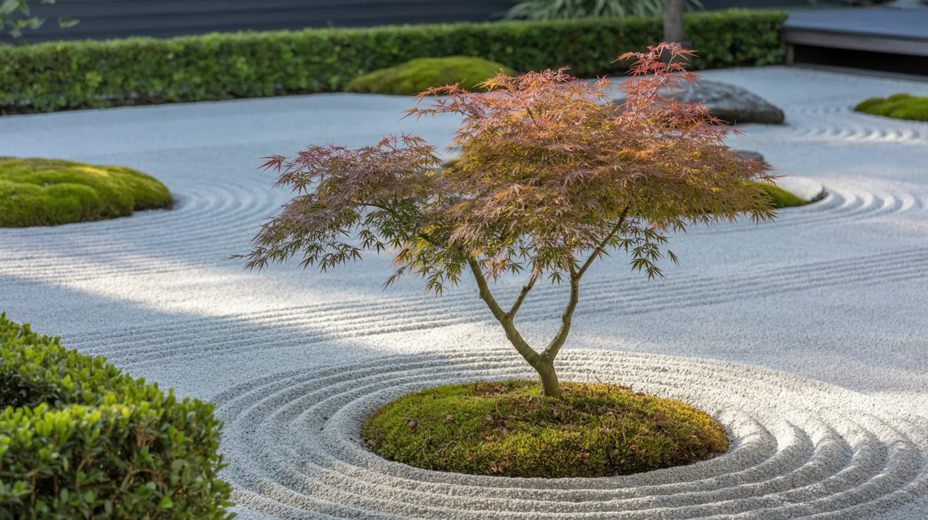 A small tree stands in the center of a circular garden, surrounded by lush greenery and colorful flowers.