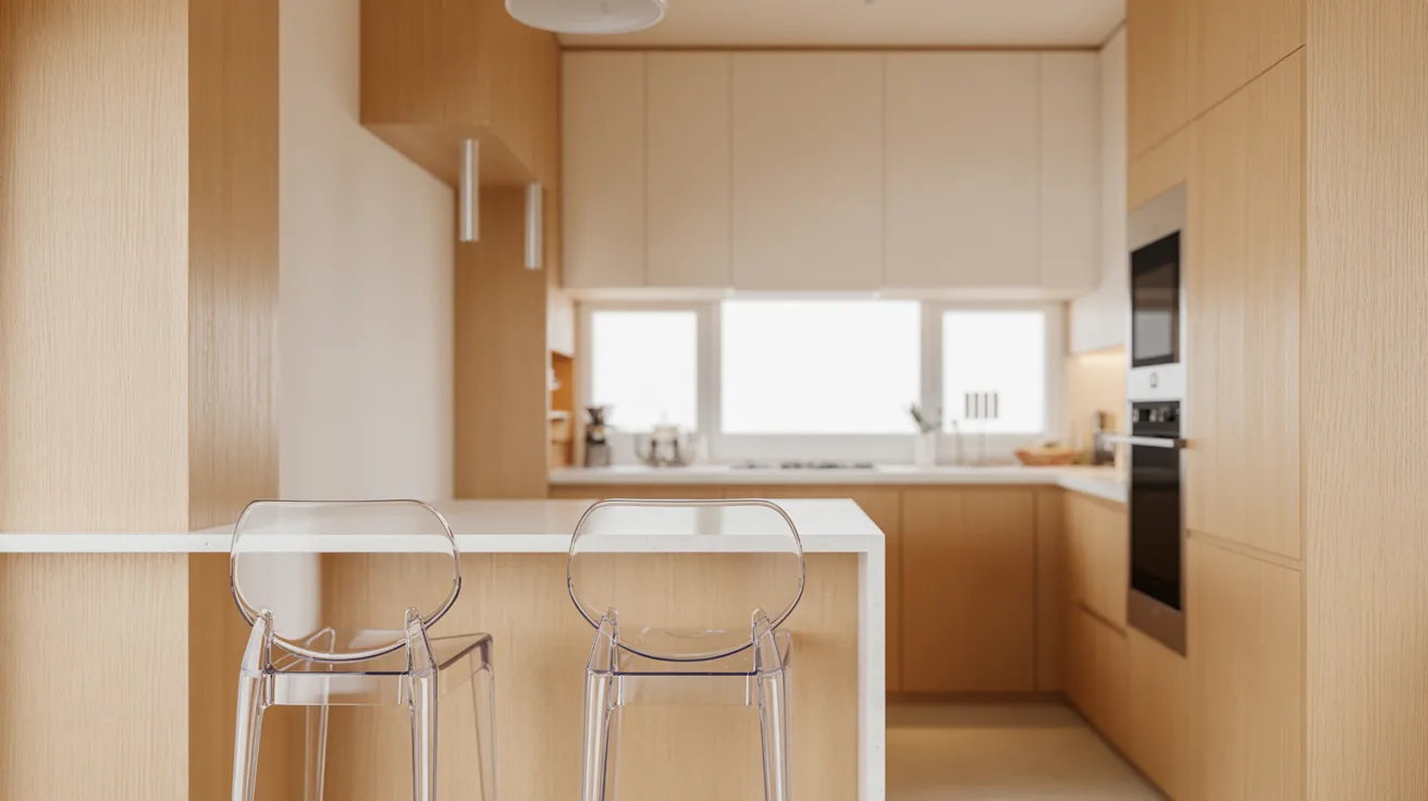 A small kitchen featuring a white counter and two chairs, creating a cozy and inviting atmosphere.
