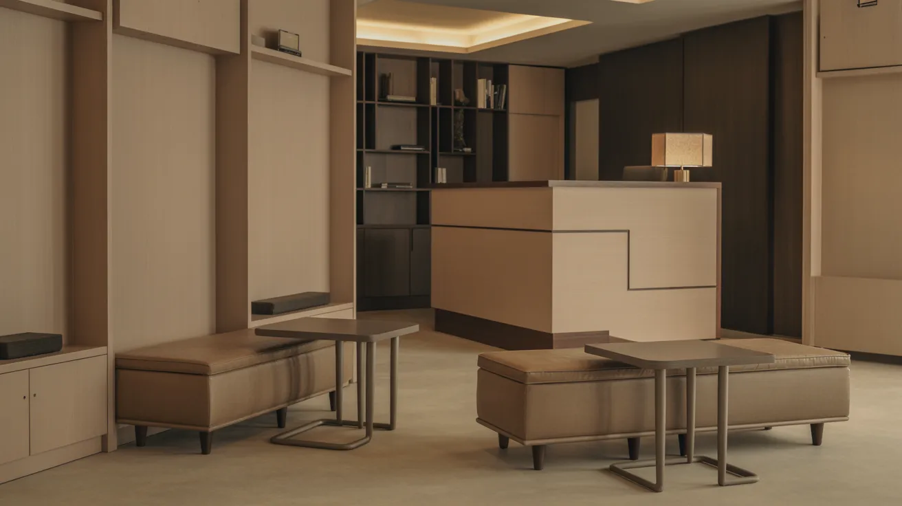 A modern office featuring a sleek reception desk and comfortable chairs for visitors.