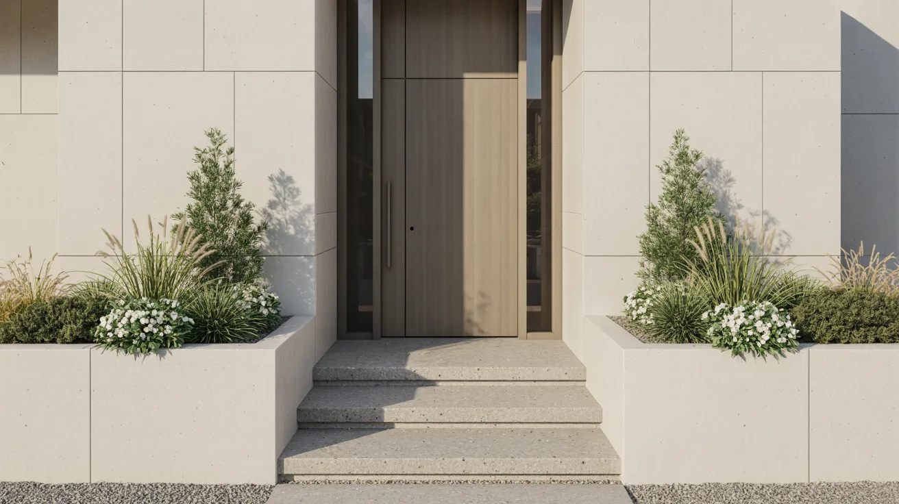 A modern home featuring a stylish door and decorative planters on either side, enhancing its welcoming appearance.