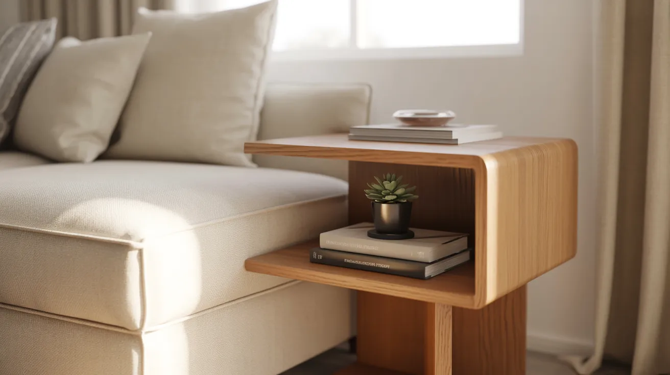 A side table featuring a stack of books and a small potted plant on top.