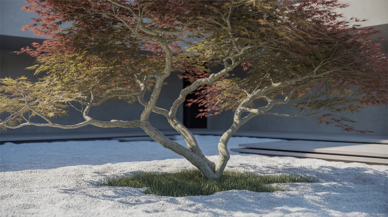 A snow-covered tree stands in the foreground with a building visible in the background.