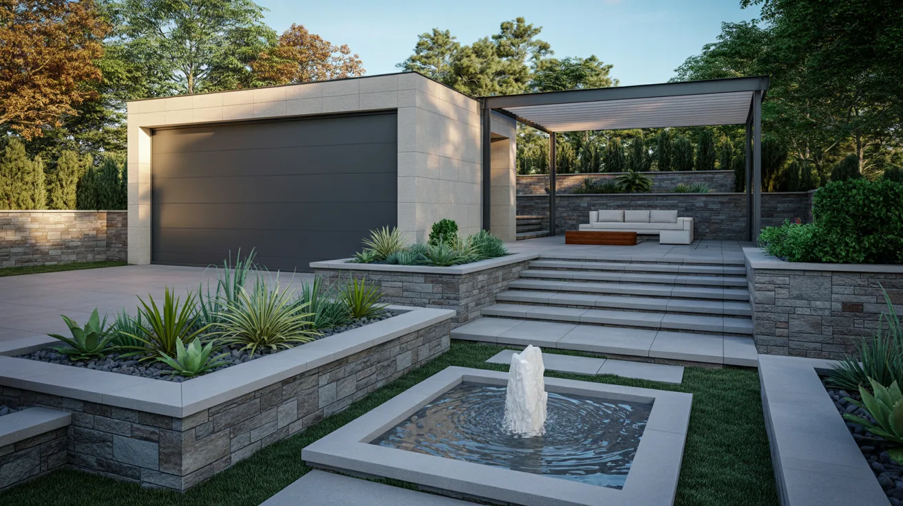 A modern backyard featuring a decorative fountain surrounded by lush landscaping and vibrant plants.