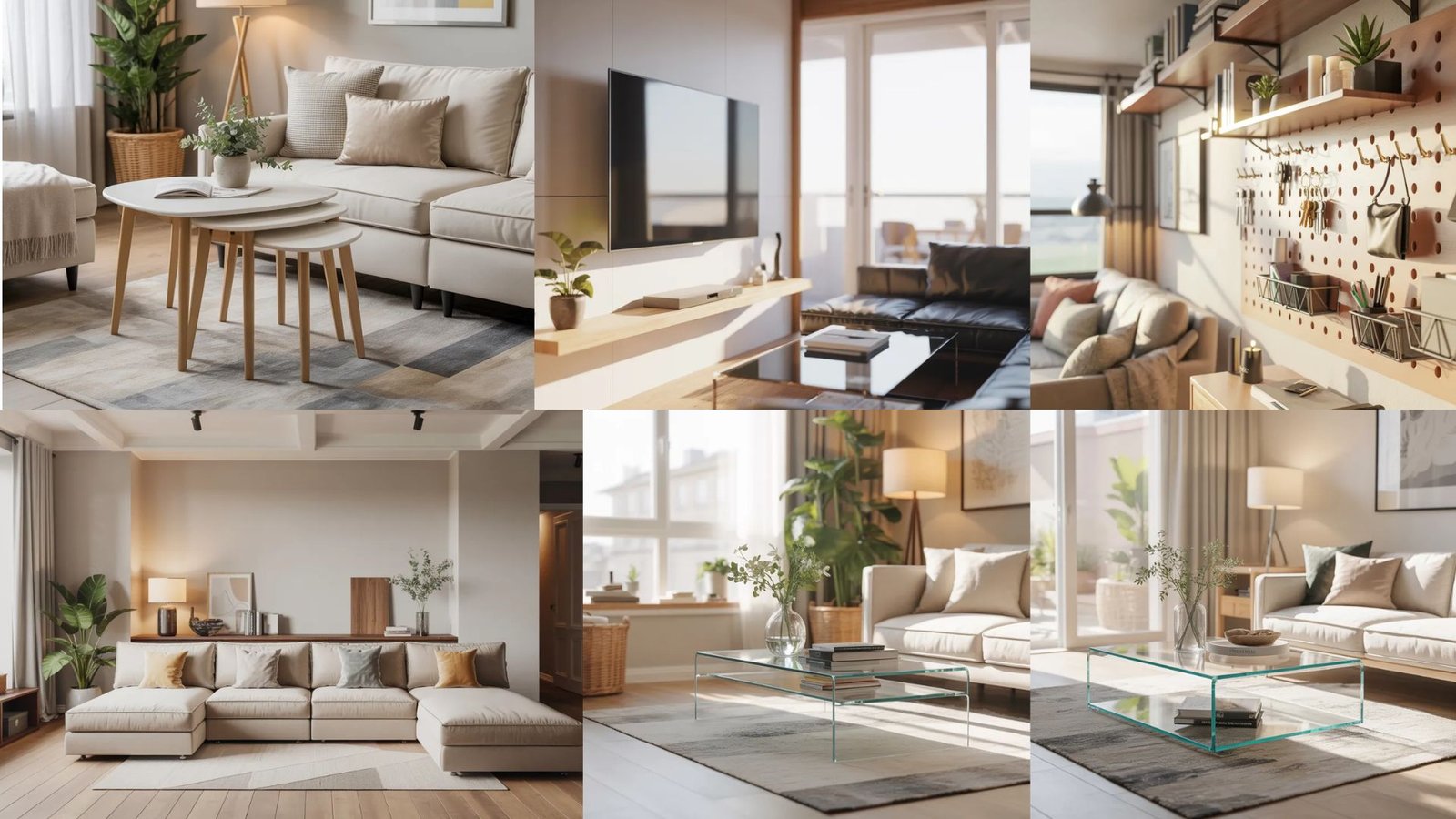 A collage showcasing various living room furniture pieces, including sofas, chairs, and coffee tables in different styles.