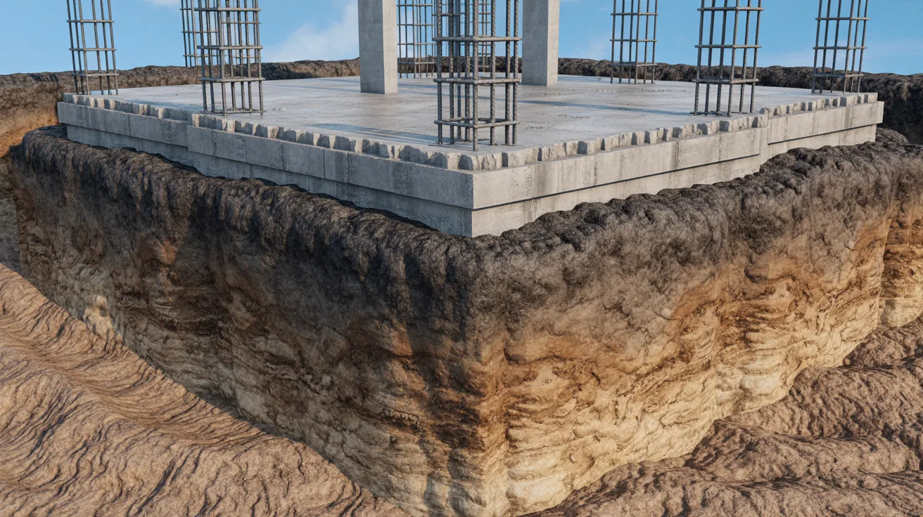3D rendering of a concrete foundation, showcasing its structure and design details.