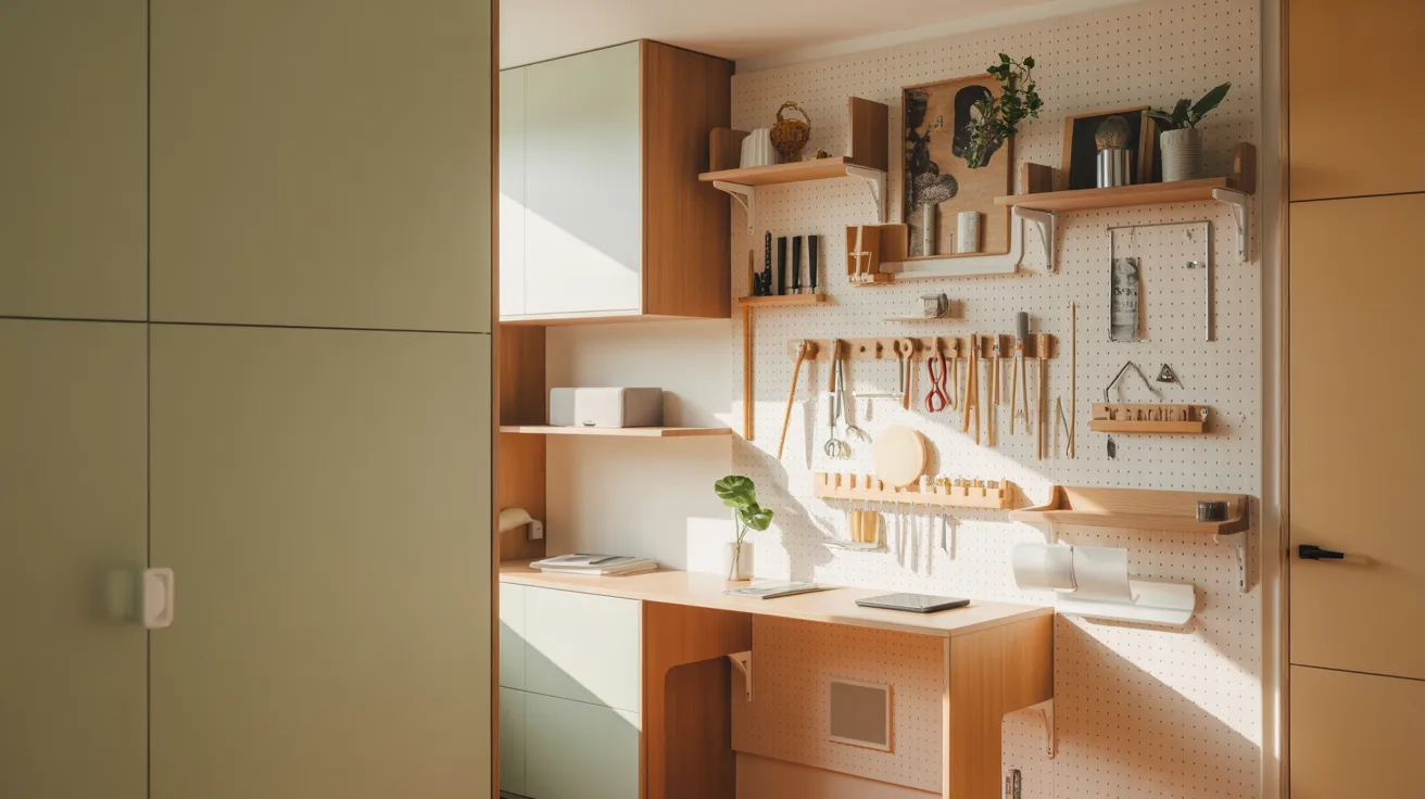 A small room featuring a desk and shelves, creating a cozy and organized workspace.