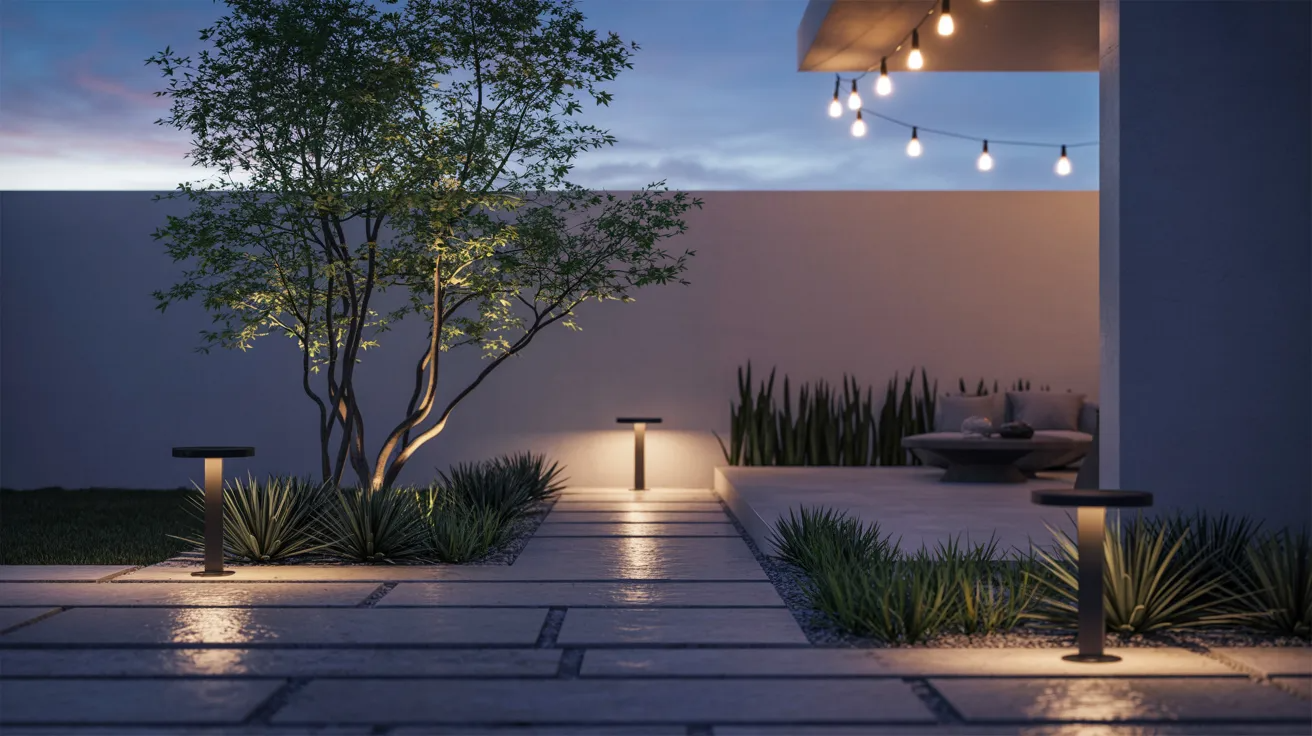 A modern outdoor lighting system illuminating plants and trees in a landscaped area during twilight.