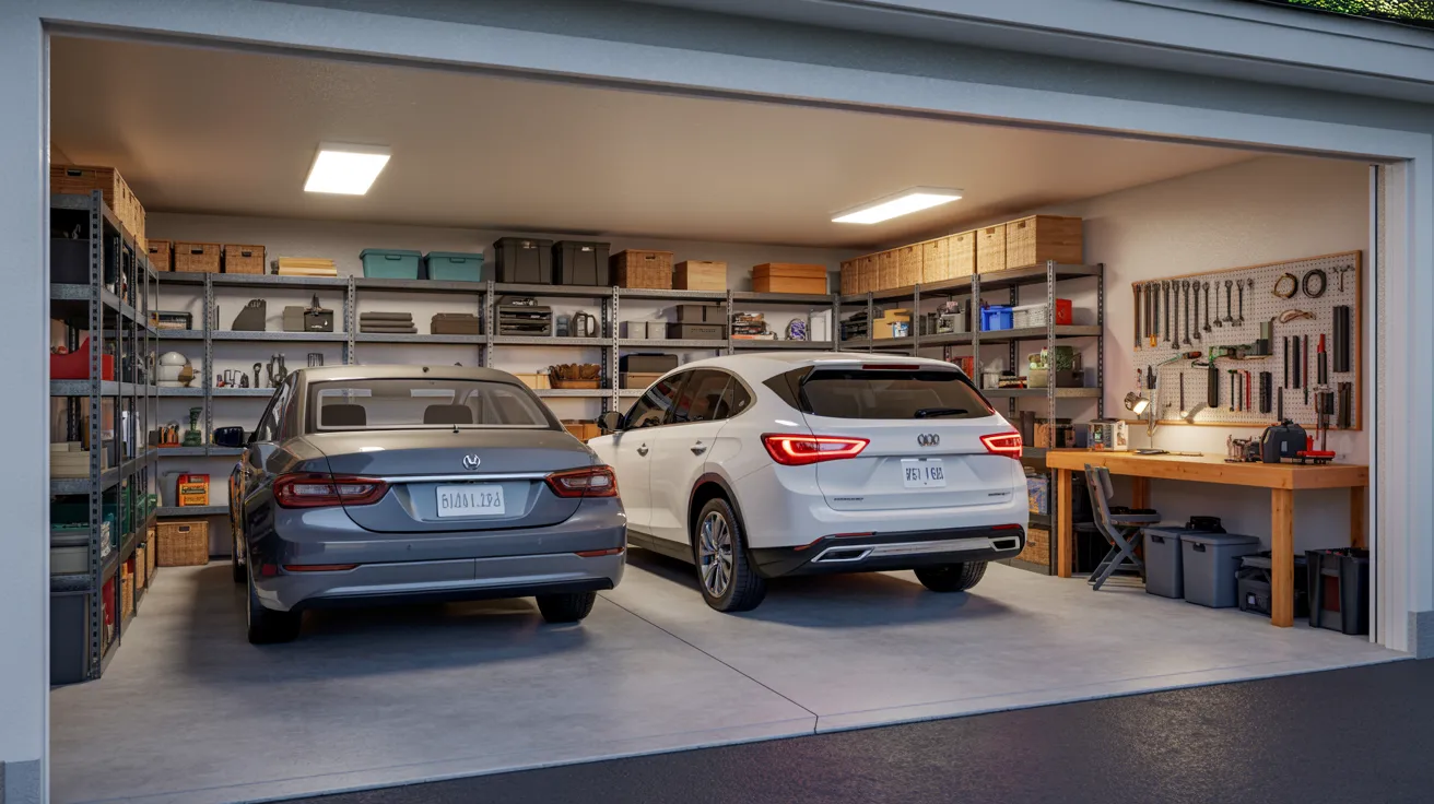 A garage interior featuring two parked cars side by side.