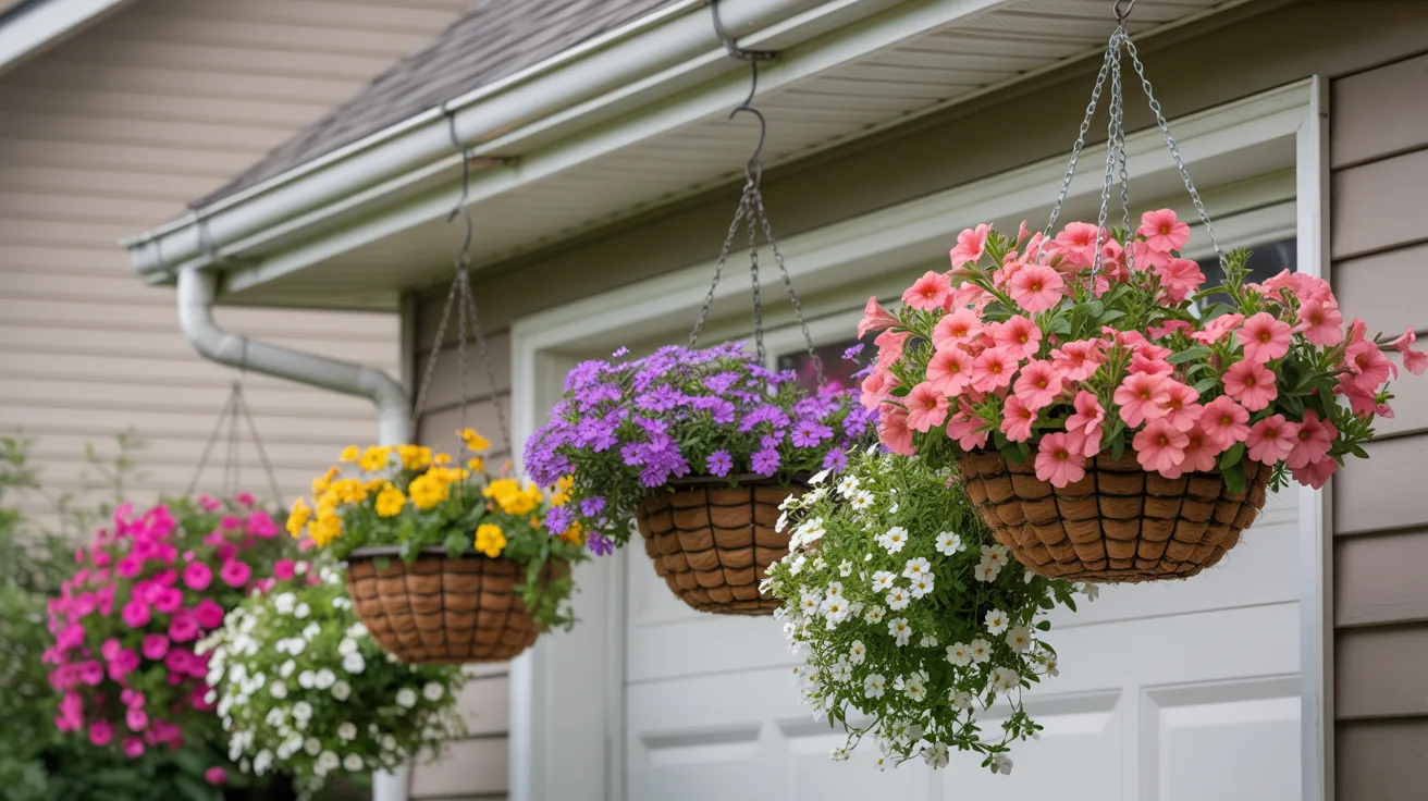 Three colorful hanging baskets filled with vibrant flowers, suspended against a neutral background.