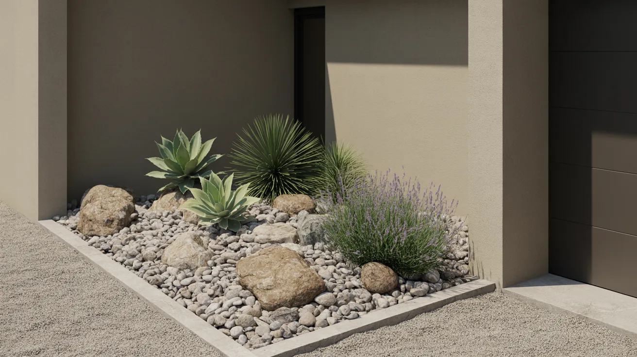 A small garden featuring a variety of plants surrounded by decorative rocks.