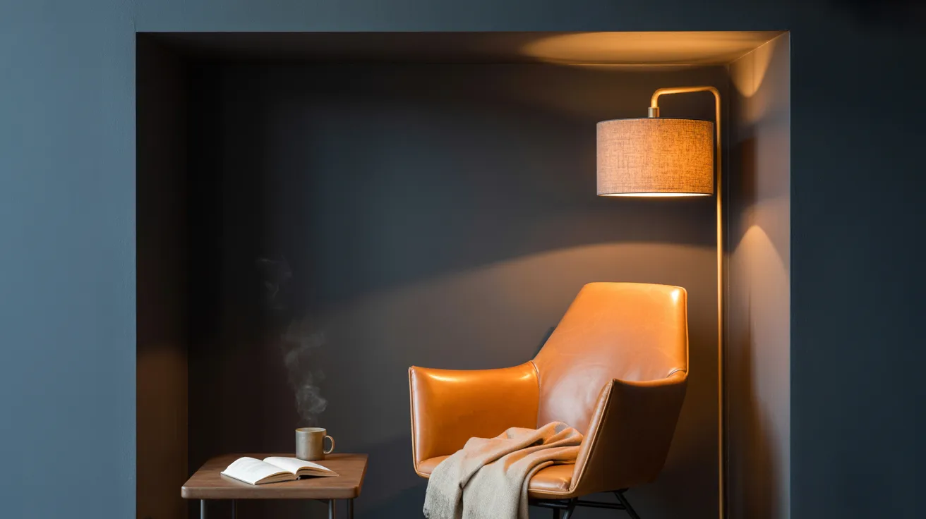 A chair and a lamp are positioned in a dimly lit room, creating a cozy yet mysterious atmosphere.
