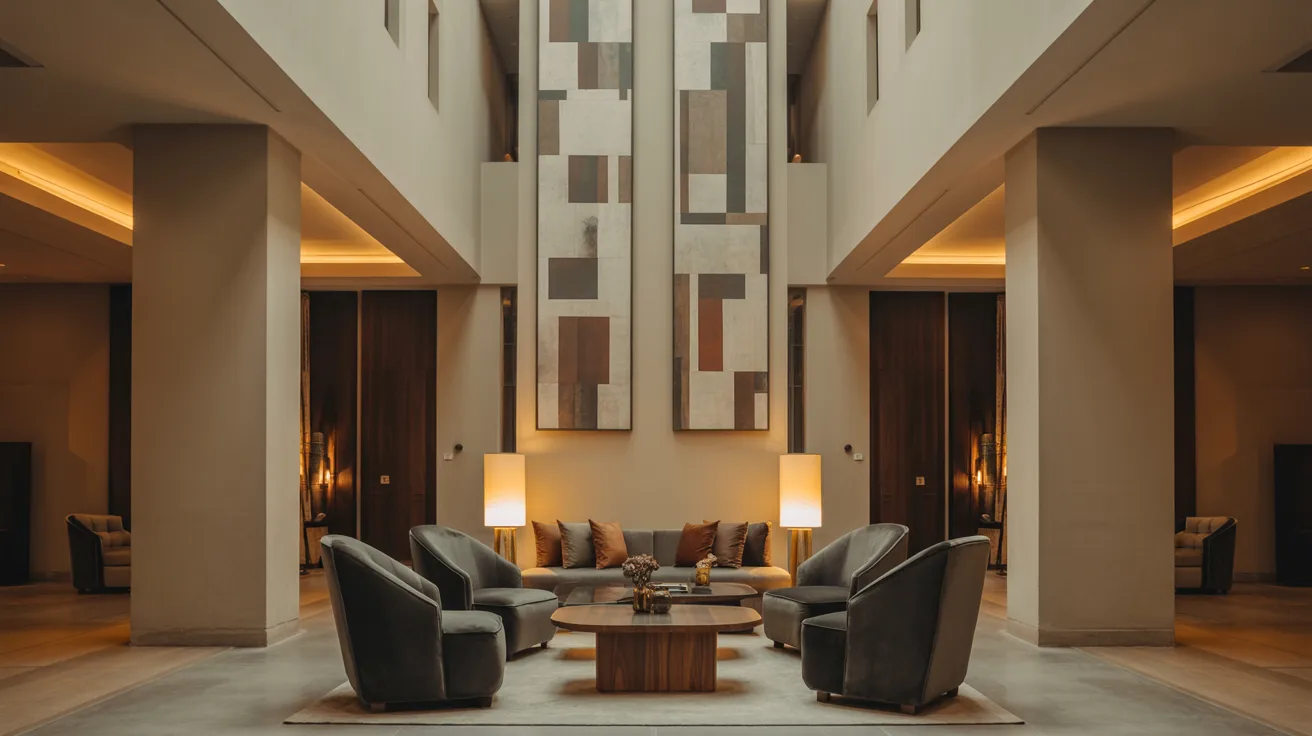 Hotel lobby featuring a spacious design with a large, elegant ceiling and modern furnishings.