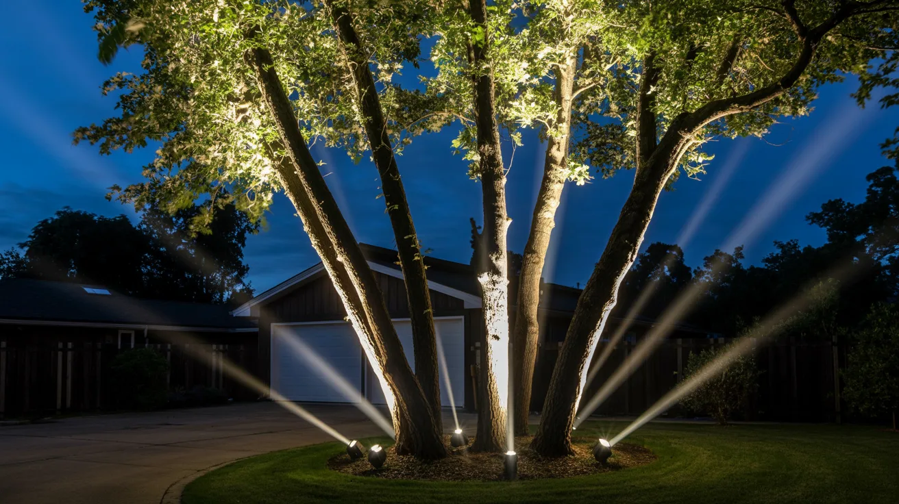A tree adorned with glowing lights, illuminated against the dark night sky.