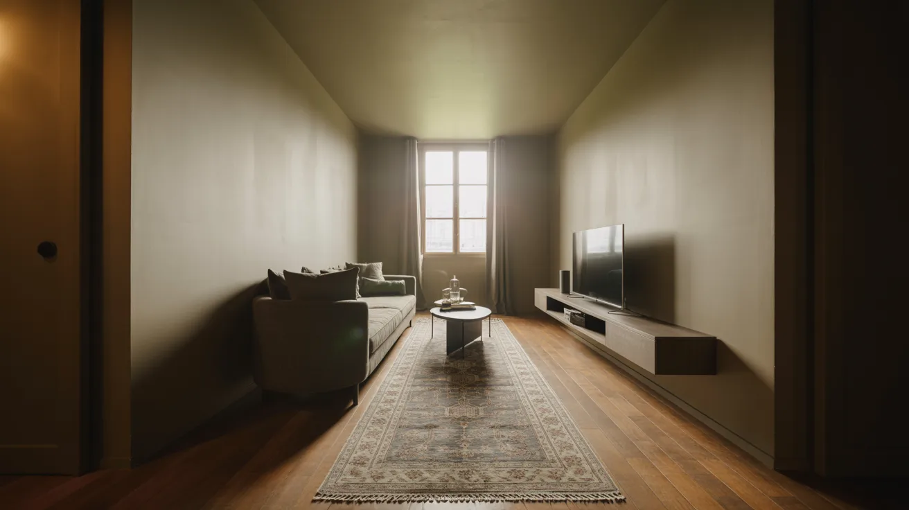 A long hallway featuring a couch on one side and a television mounted on the wall opposite.