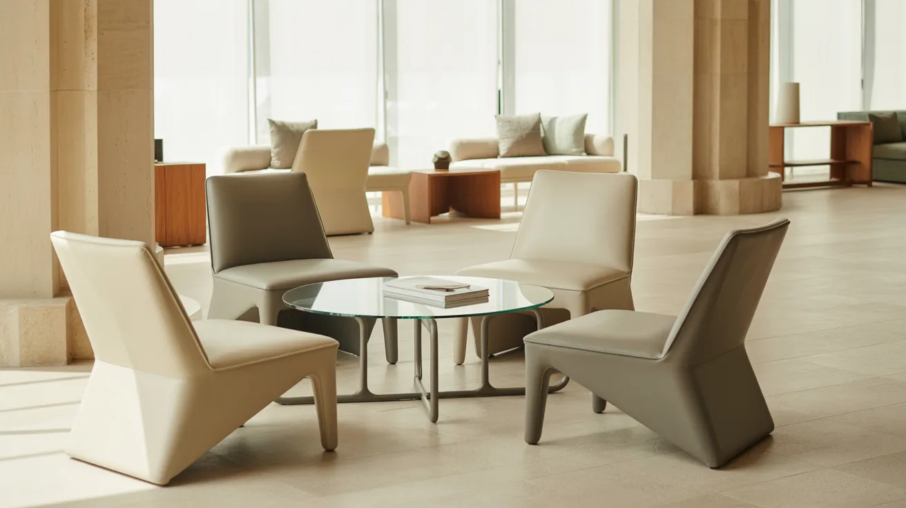 A round glass table surrounded by four chairs, set in a well-lit room.