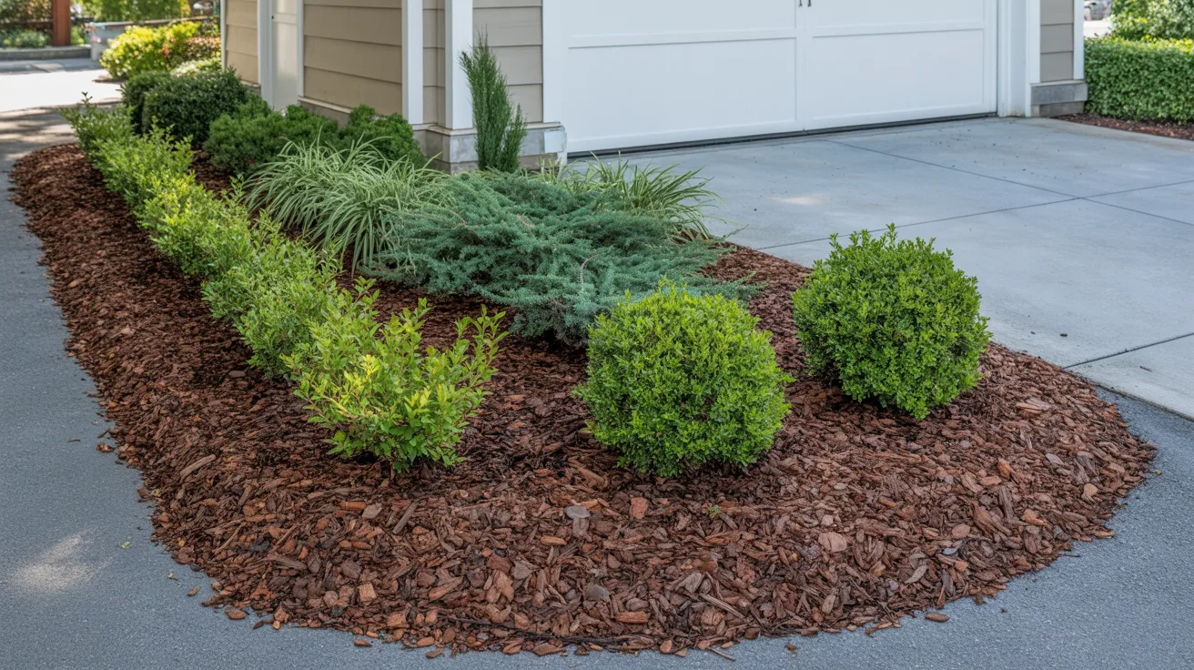 A driveway leading to a garage, with a colorful garden bed positioned in front.