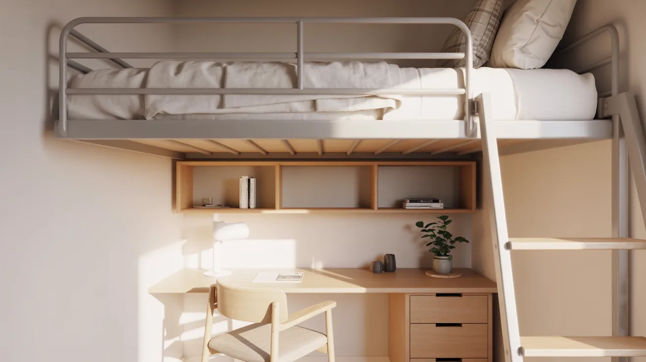 A loft bed positioned above a desk and chair, creating a compact workspace beneath the sleeping area.