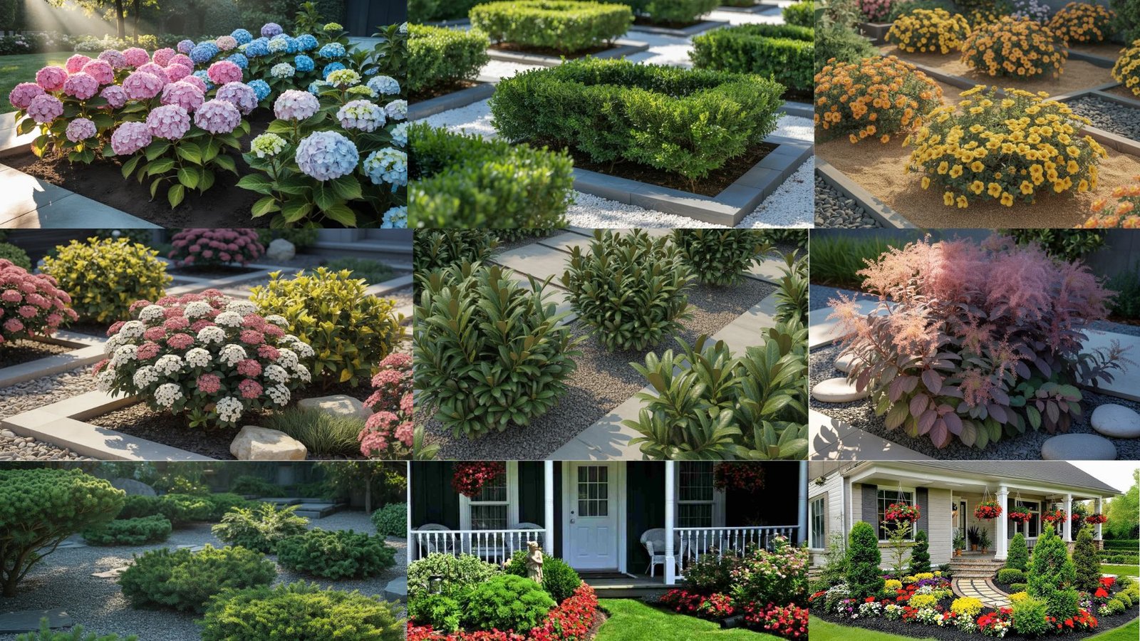 A vibrant collage featuring various types of flowers and shrubs in an array of colors and shapes.