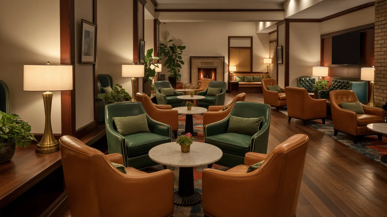 Hotel lobby featuring green chairs arranged around a cozy fireplace, creating a welcoming atmosphere for guests.